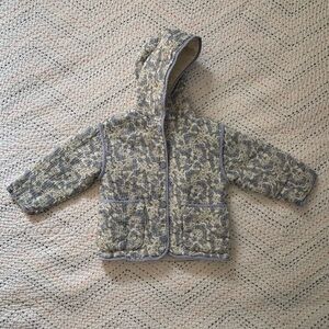 Zara Quilted Floral Hooded Jacket in Cream and Blue